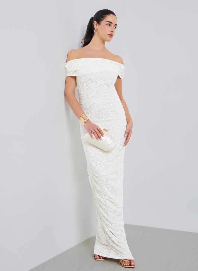 ستايلي فستان ماكسي نسائي دانتيل مكشوف الكتفين كريمي - Image 1